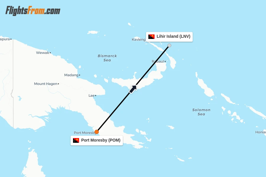 Flights from Port Moresby to Lihir Island route map