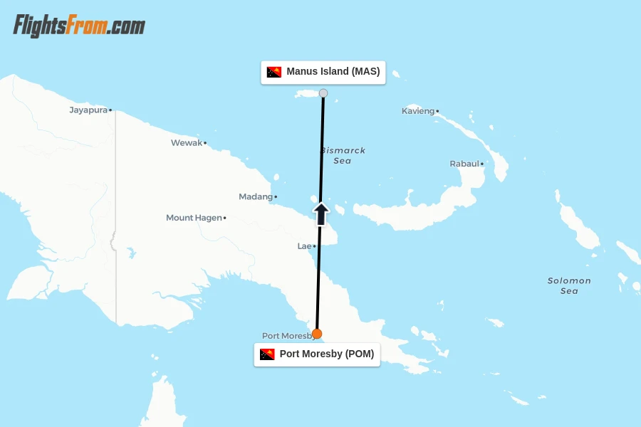 Flights from Port Moresby to Manus Island route map