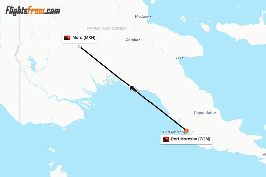 Flights from Port Moresby to Moro route map