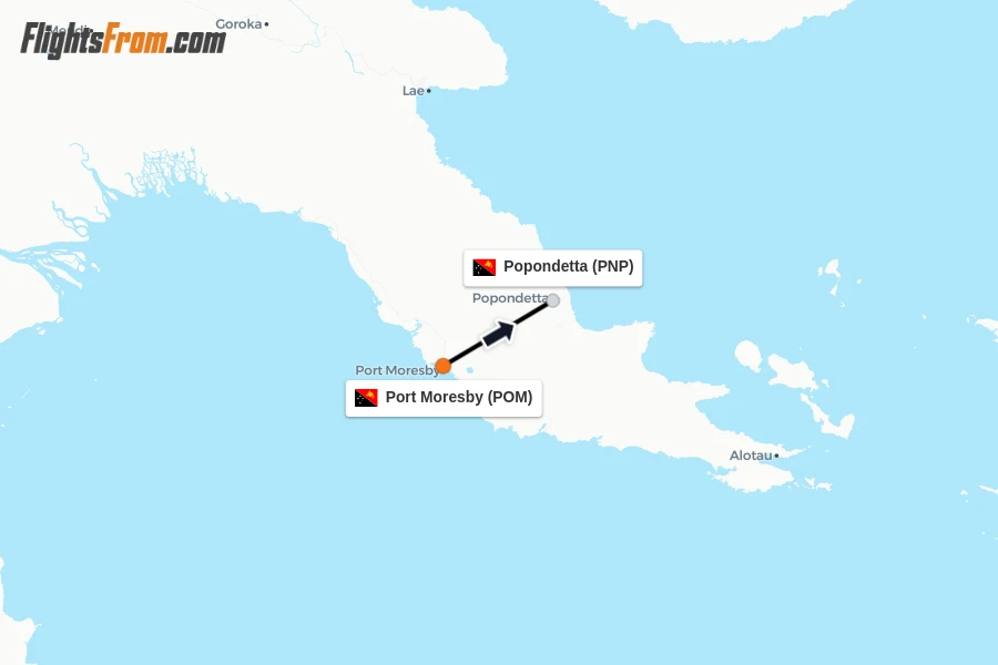 Flights from Port Moresby to Popondetta route map