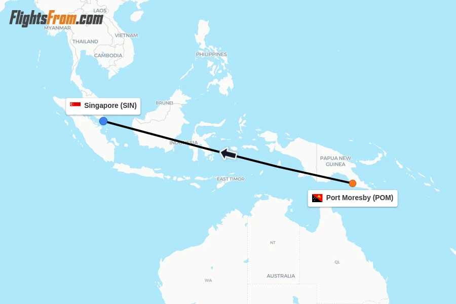 Flights from Port Moresby to Singapore route map