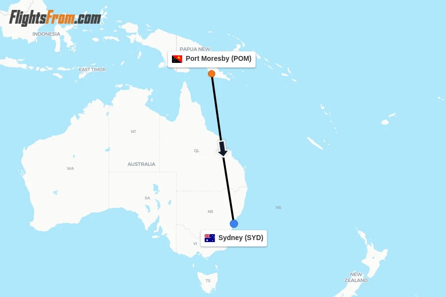 Flights from Port Moresby to Sydney route map
