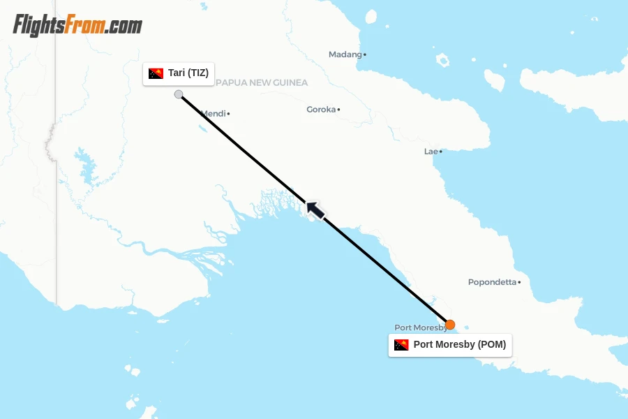 Flights from Port Moresby to Tari route map