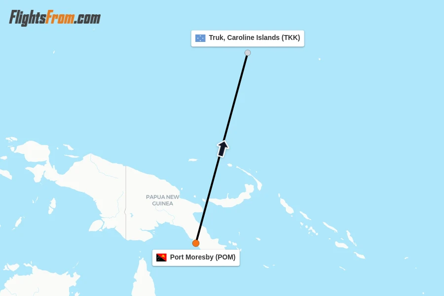 Flights from Port Moresby to Truk, Caroline Islands route map