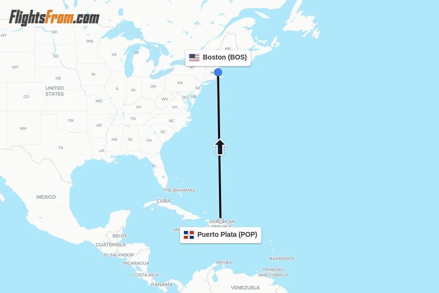 Flights from Puerto Plata to Boston route map