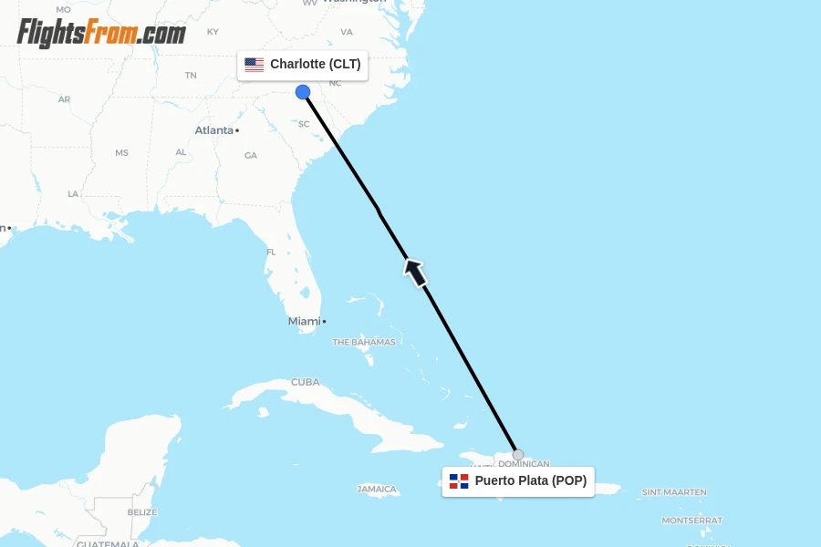 Flights from Puerto Plata to Charlotte route map