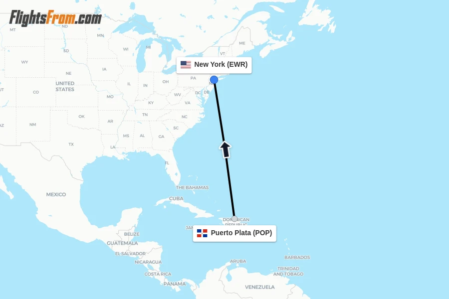 Flights from Puerto Plata to New York route map
