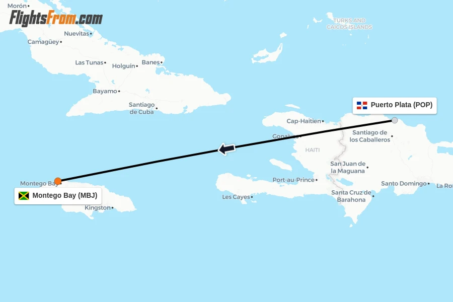 Flights from Puerto Plata to Montego Bay route map