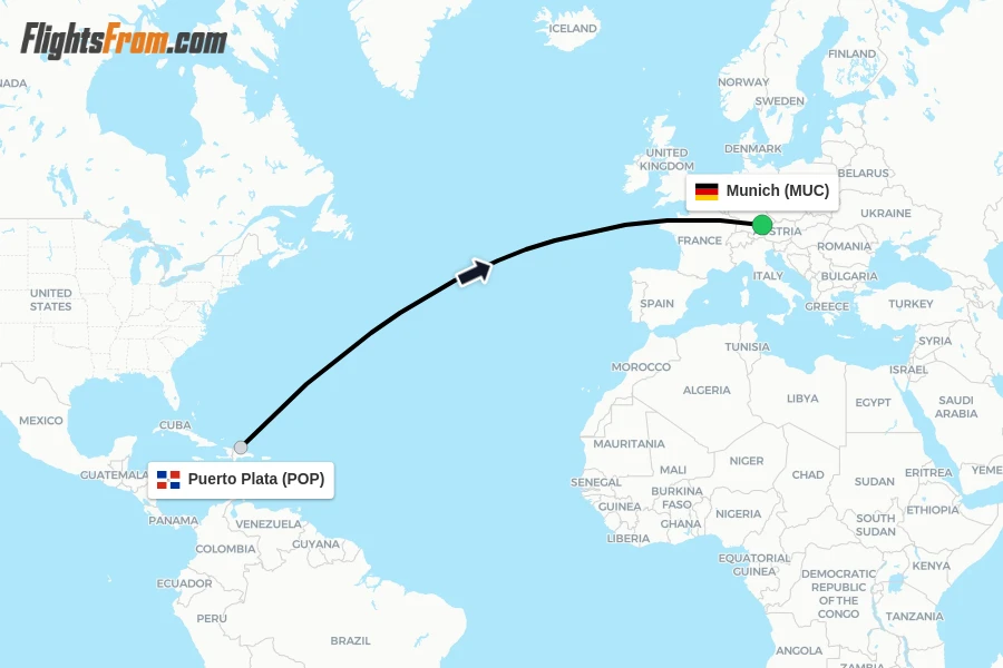 Flights from Puerto Plata to Munich route map