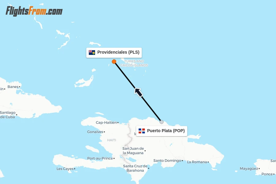 Flights from Puerto Plata to Providenciales route map
