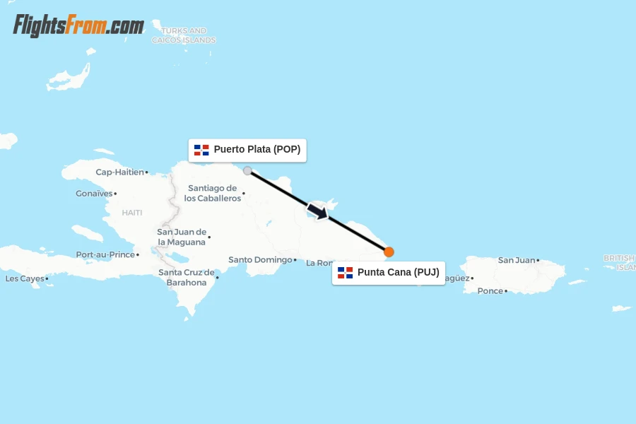 Flights from Puerto Plata to Punta Cana route map