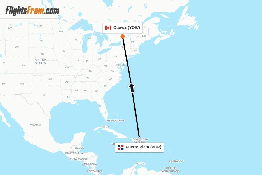 Flights from Puerto Plata to Ottawa route map