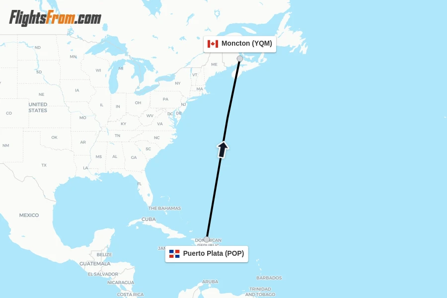 Flights from Puerto Plata to Moncton route map
