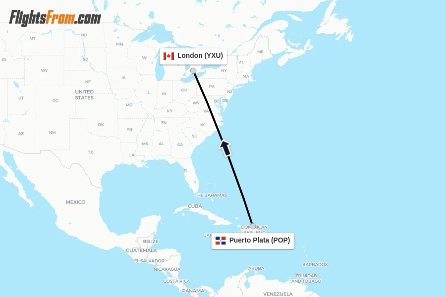 Flights from Puerto Plata to London route map