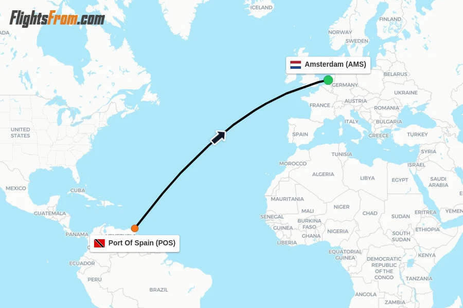 Flights from Port Of Spain to Amsterdam route map