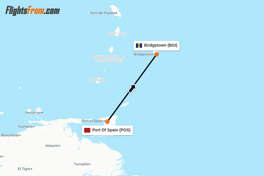 Flights from Port Of Spain to Bridgetown route map