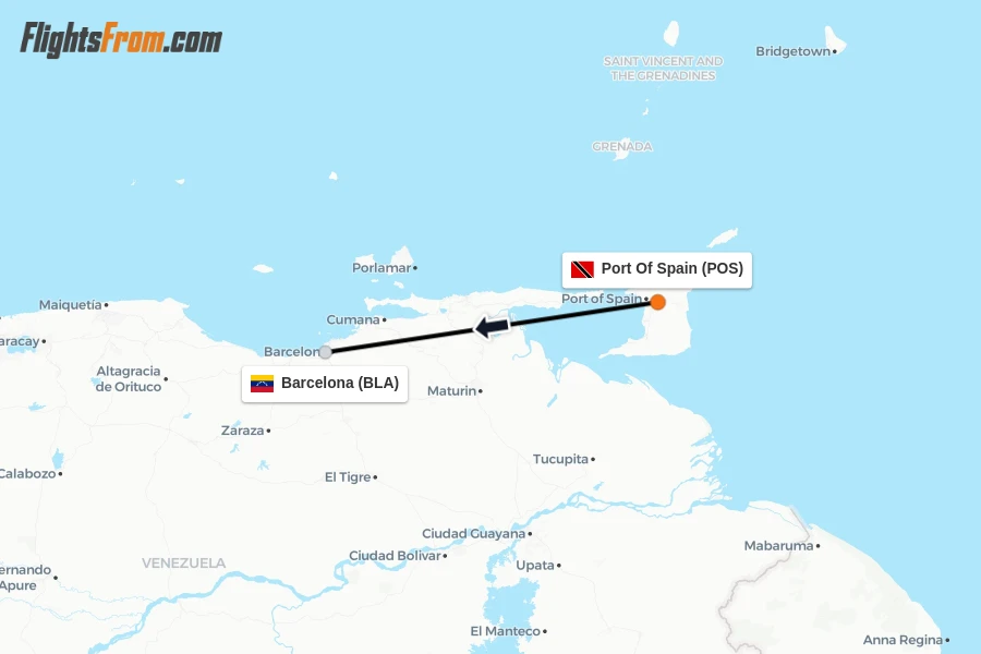 Flights from Port Of Spain to Barcelona route map