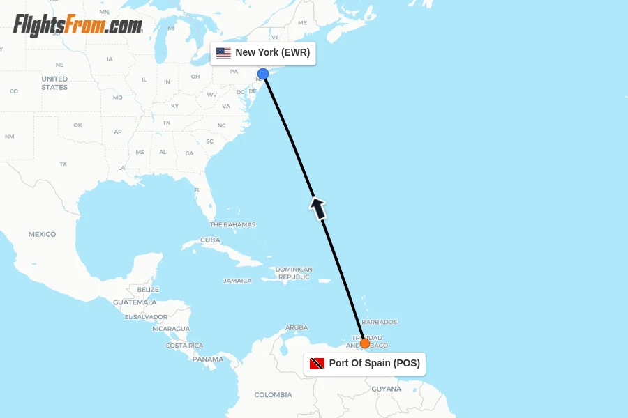 Flights from Port Of Spain to New York route map