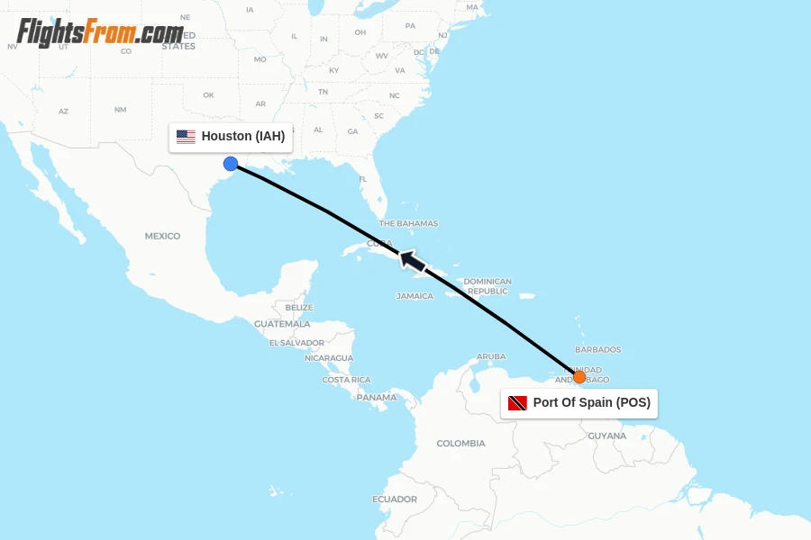 Flights from Port Of Spain to Houston route map