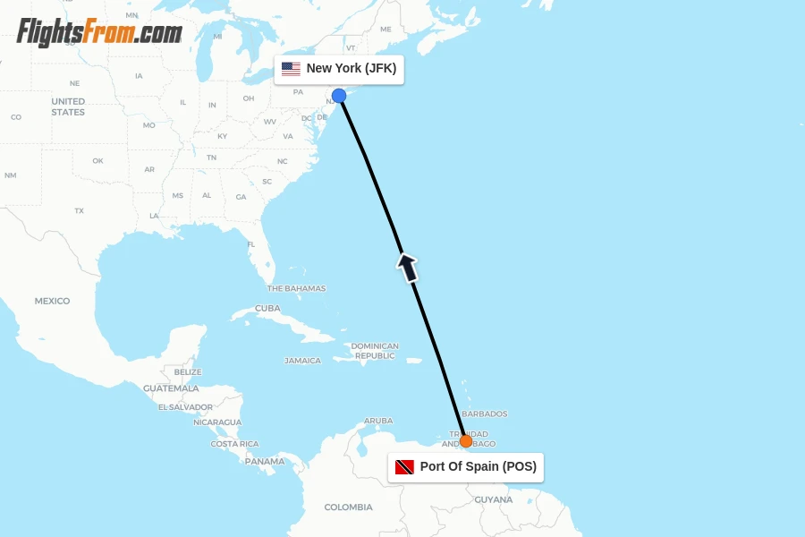 Flights from Port Of Spain to New York route map