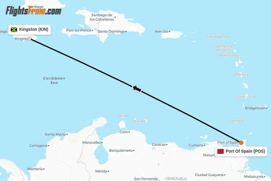 Flights from Port Of Spain to Kingston route map