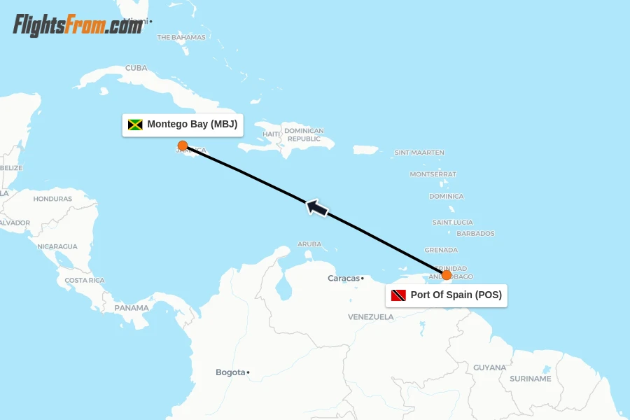 Flights from Port Of Spain to Montego Bay route map