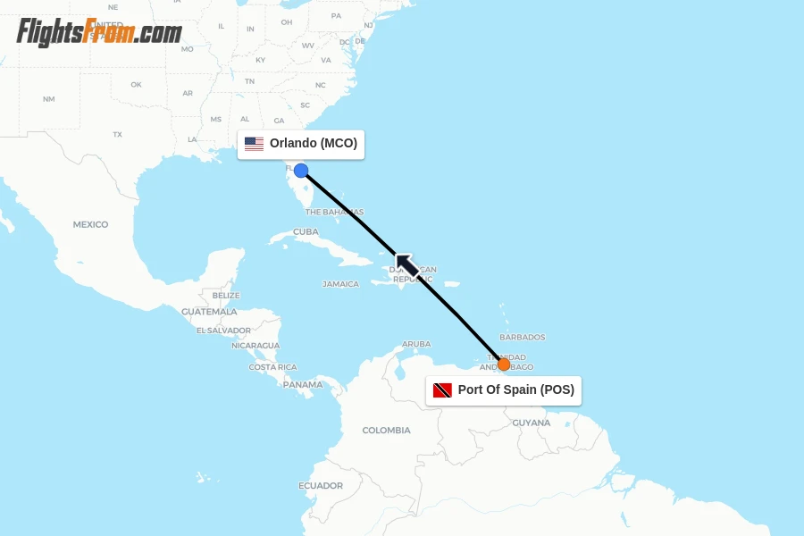 Flights from Port Of Spain to Orlando route map