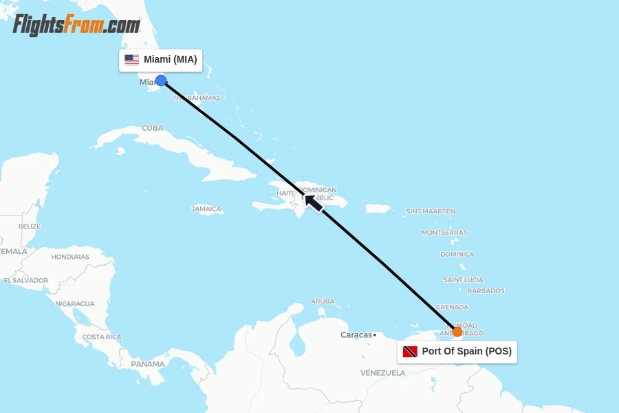Flights from Port Of Spain to Miami route map