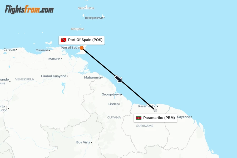 Flights from Port Of Spain to Paramaribo route map