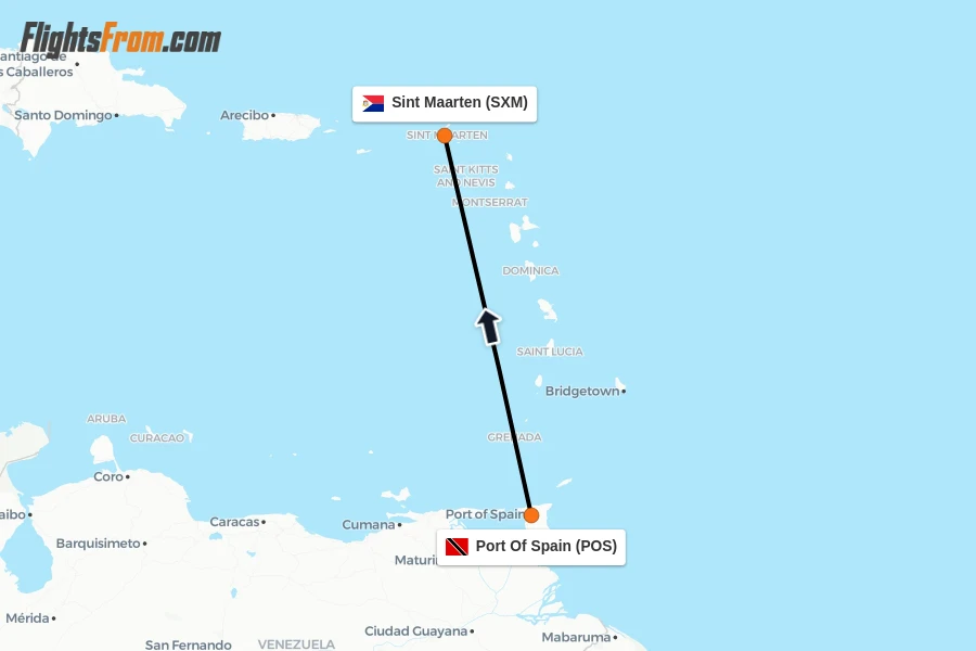 Flights from Port Of Spain to Sint Maarten route map