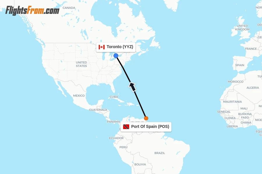 Flights from Port Of Spain to Toronto route map