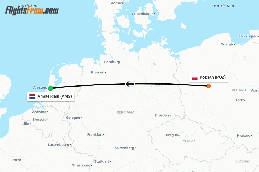 Flights from Poznan to Amsterdam route map