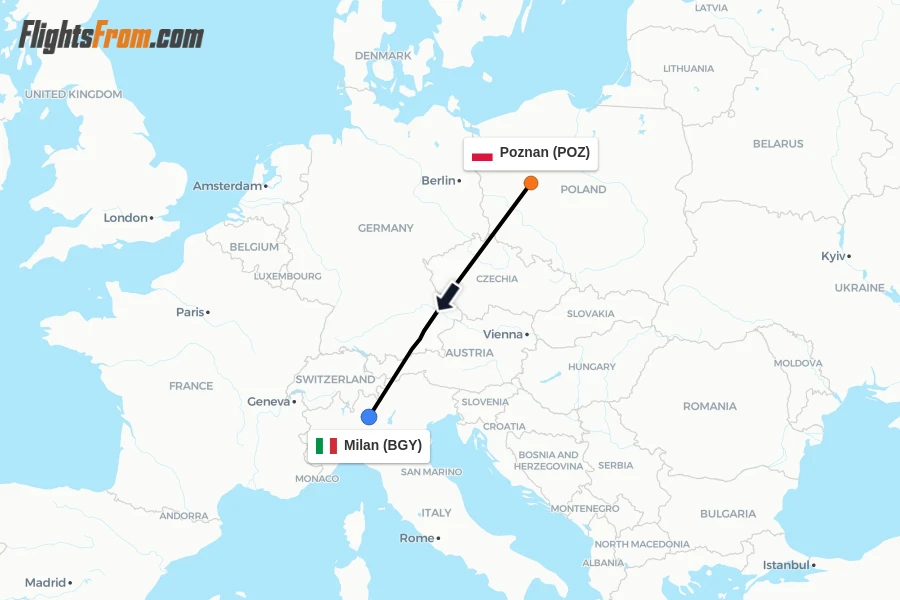 Flights from Poznan to Milan route map