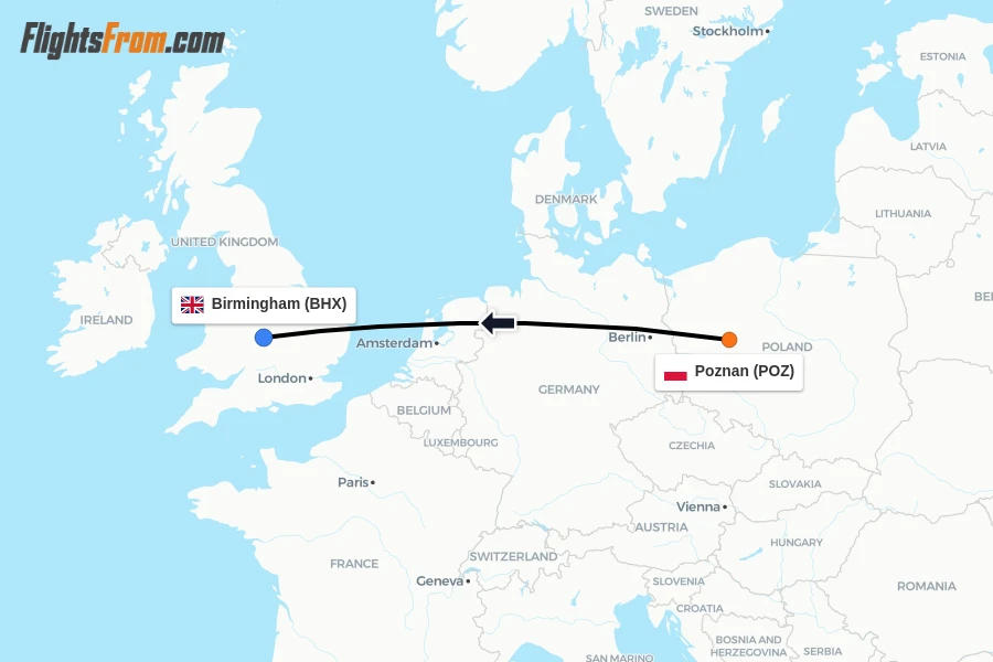 Flights from Poznan to Birmingham route map