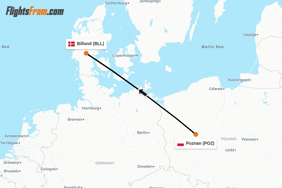 Flights from Poznan to Billund route map