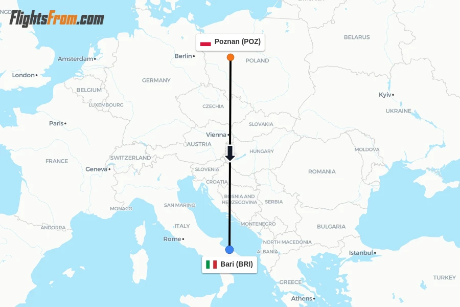 Flights from Poznan to Bari route map