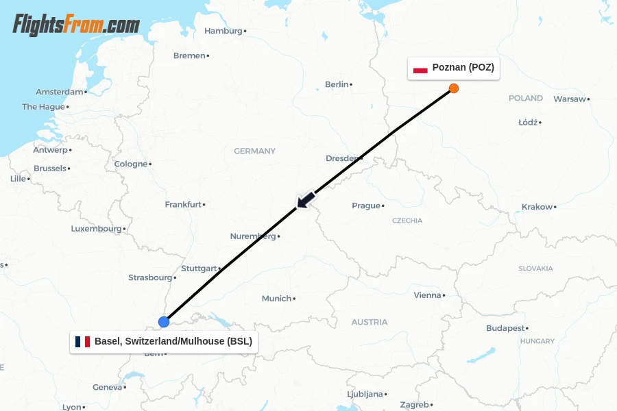 Flights from Poznan to Basel, Switzerland/Mulhouse route map