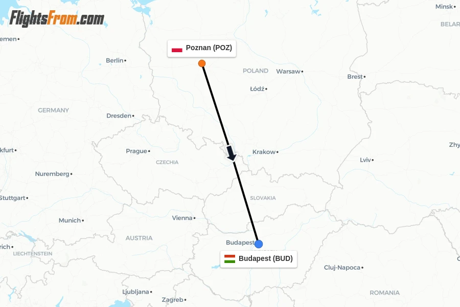 Flights from Poznan to Budapest route map