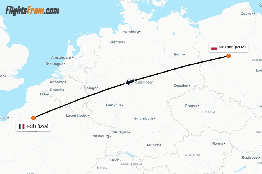 Flights from Poznan to Paris route map