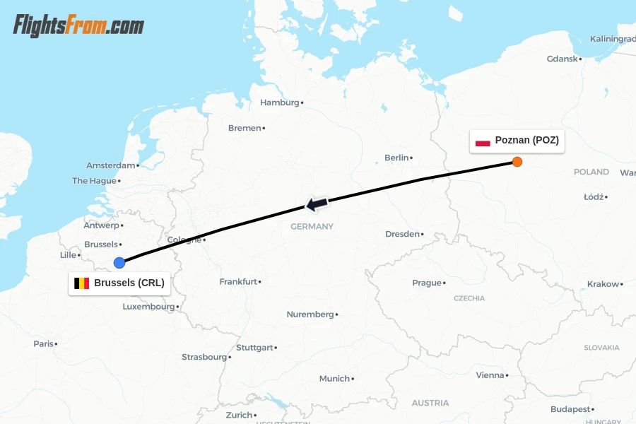 Flights from Poznan to Brussels route map