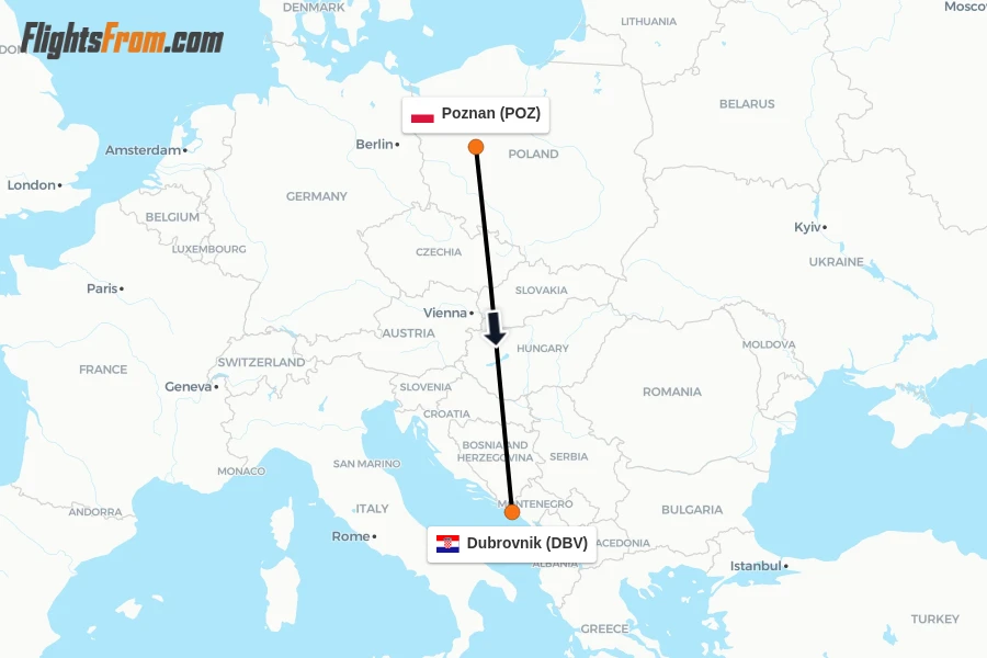 Flights from Poznan to Dubrovnik route map