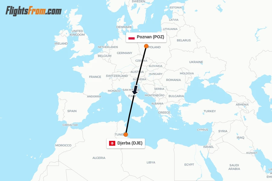 Flights from Poznan to Djerba route map