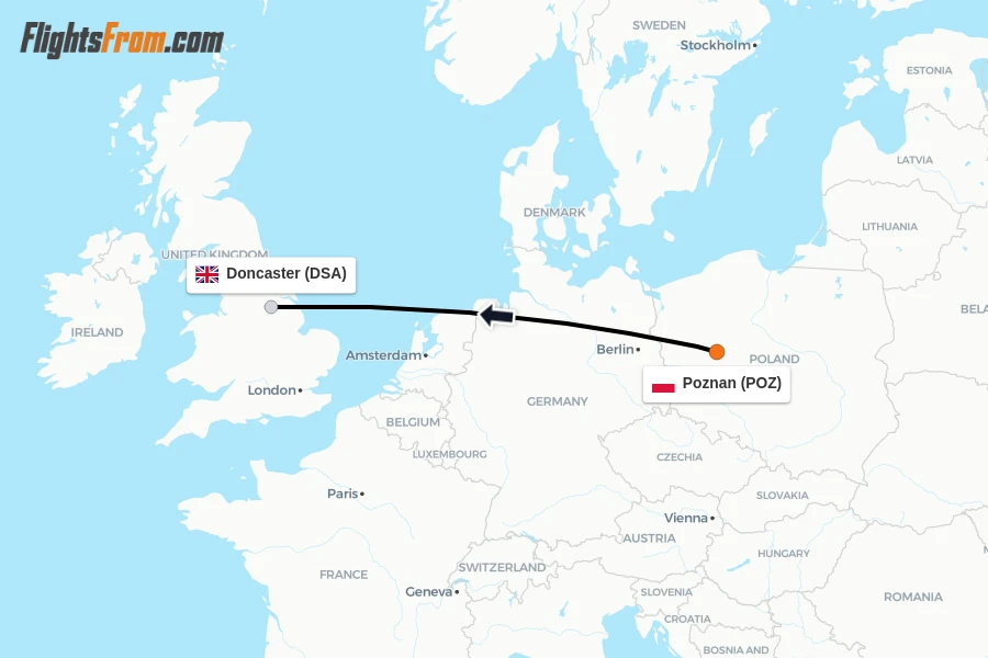 Flights from Poznan to Doncaster route map