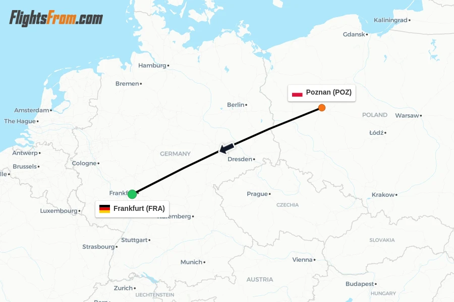 Flights from Poznan to Frankfurt route map