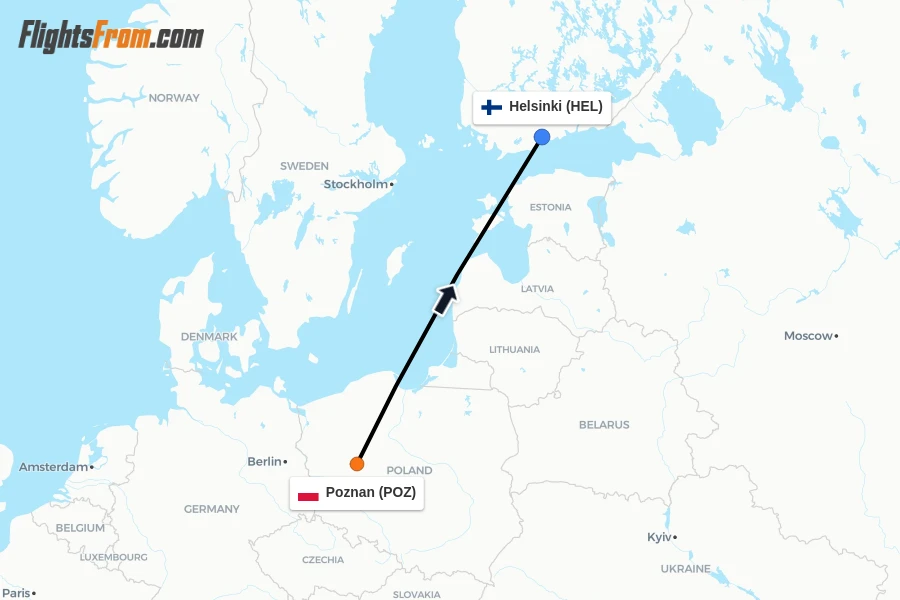 Flights from Poznan to Helsinki route map