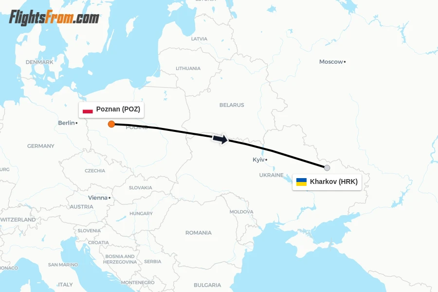 Flights from Poznan to Kharkov route map