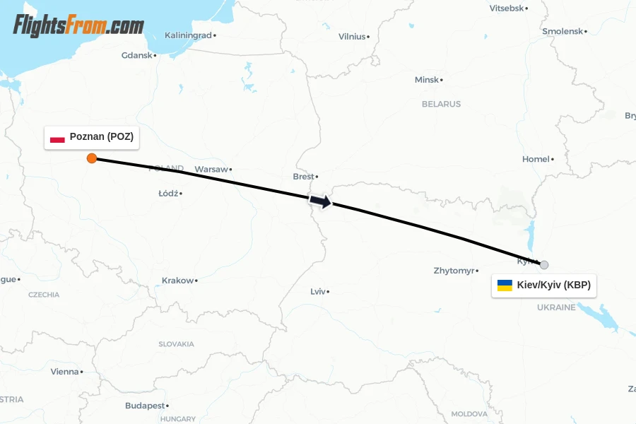 Flights from Poznan to Kiev/Kyiv route map