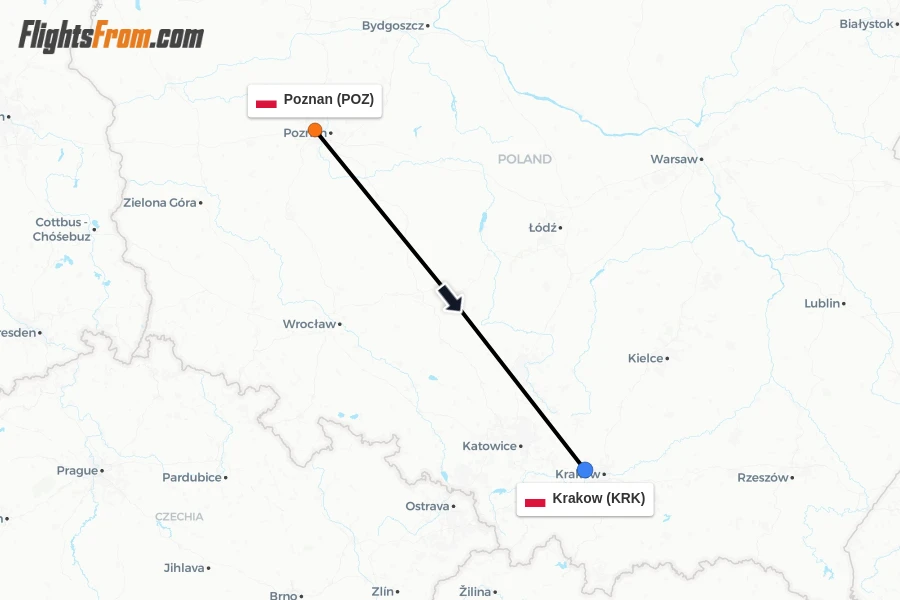 Flights from Poznan to Krakow route map