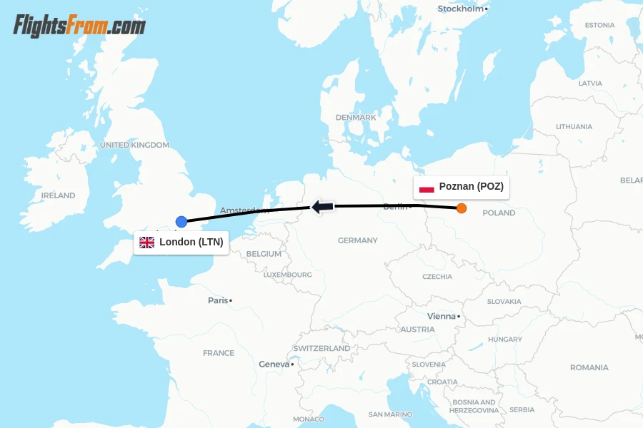 Flights from Poznan to London route map