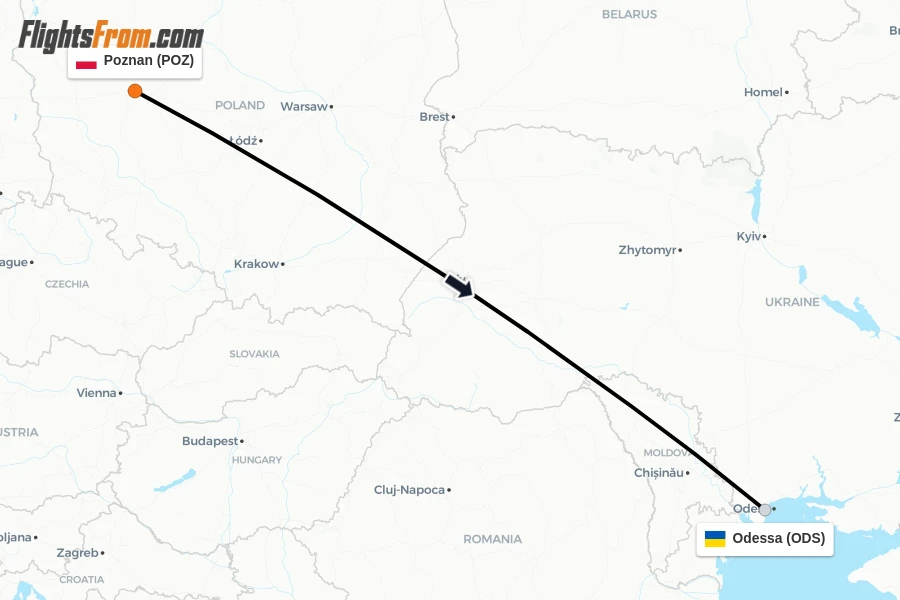 Flights from Poznan to Odessa route map